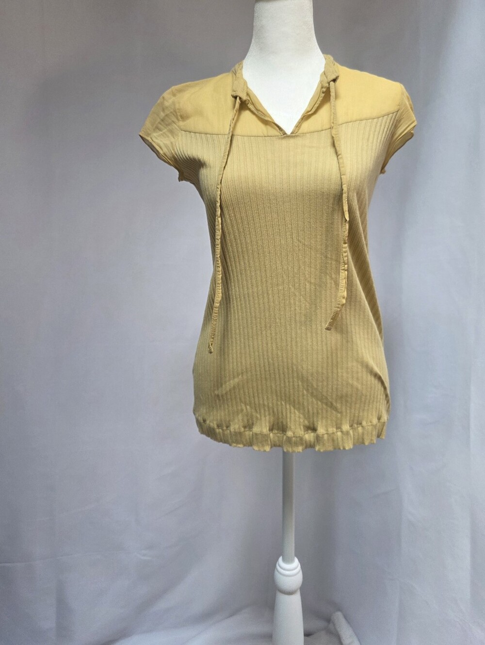 Transit Par-Such Italy Ribbed Knit Sheer Trim Tie NeckTop Mustard Beige Size N/A